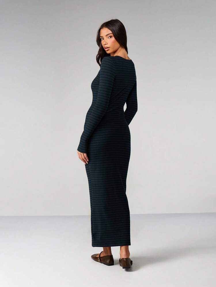 MISSGUIDED Fitted Long Sleeve Horizontal Striped Maxi Dress Bodycon Winter Fall Casual Day Elegant Ankle Length Round Neck Ribbed Knit