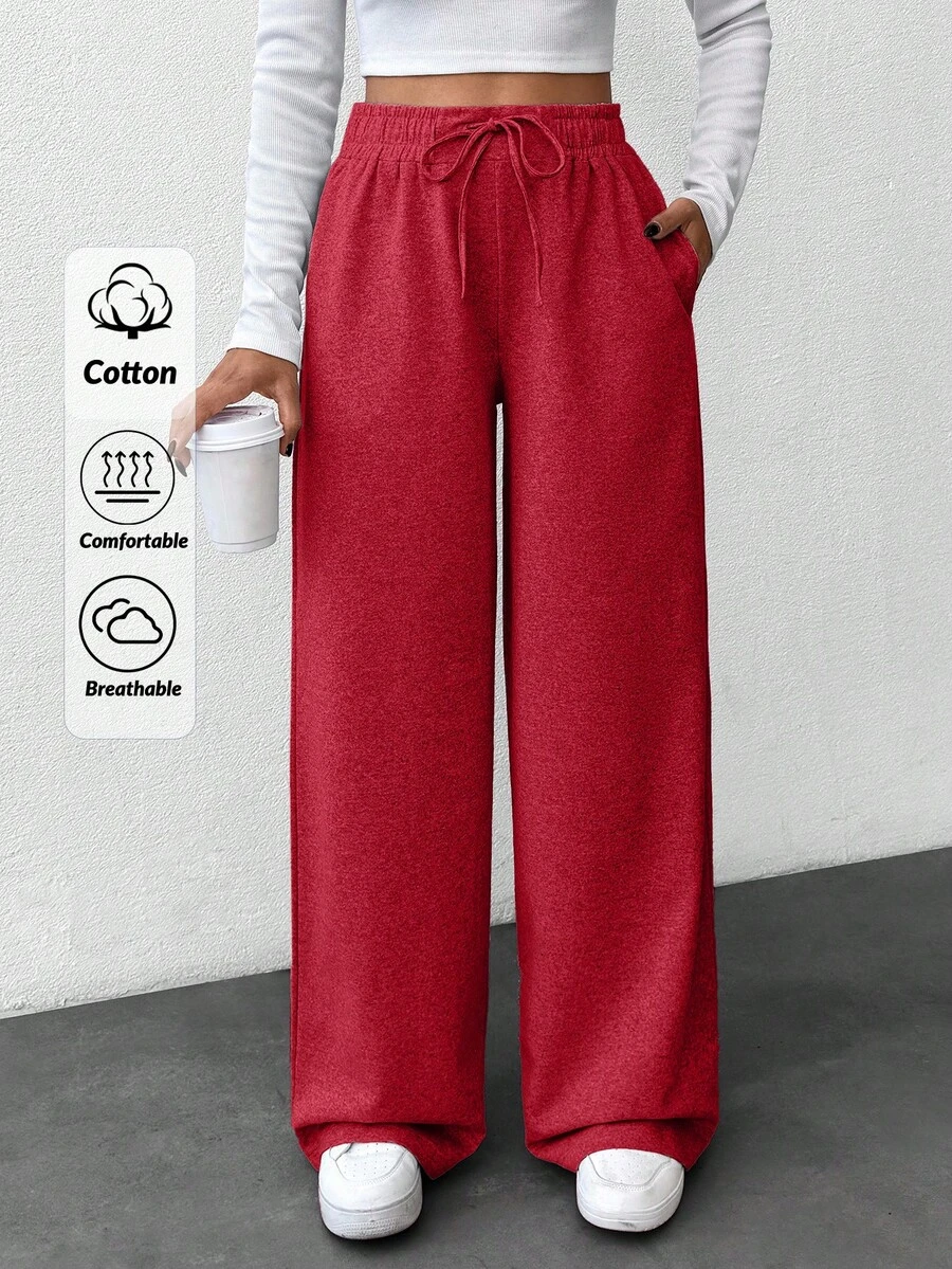 SHEIN Women Solid Color High Waist Straight Pants - Red - View 1