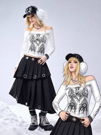 Women's V-Neck Off Shoulder Gothic Virgin Mary Window Print Tight Long Sleeve T-Shirt