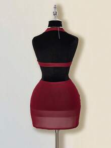 SHEIN ICON Women's Apricot Deep V Rhinestone Sheer Backless Mini Dress, Sexy For Party And Events - Burgundy - View 2