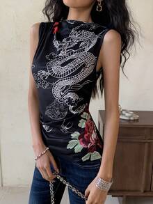 EastFlair 女士休闲时尚街头风中国龙印花漏斗领无袖露脐上衣，夏季
