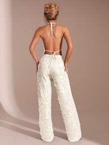 SHEIN Glamour 两件套米色亮片露背性感露肩无袖上衣裤套装，街头风，秋冬套装，演唱会套装，夜店套装，约会套装，优雅套装，舞会套装，锐舞套装，女士生日套装，派对必备，花卉时尚，闪亮套装，情人节套装 - 米色 - 查看 2