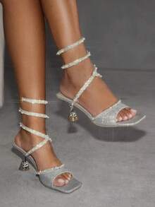 CUCCOO SZL Women's Faux Pearl Decor Shiny Lace-Up High Heel Sandals - Silver - View 4