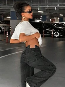 EURMUSE 90'S LOW WAIST BABY BLUE BAGGY LOOSE STRAIGHT LEG JEAN - Dark Grey - View 3