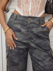 Aidyla Women's Pocketed Button Camo Cargo Pants, Casual Versatile Street Outdoor Wear Wide Leg Trousers - Army Green - View 8