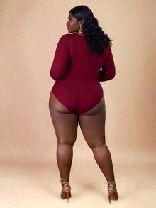 CurvyTilda Plus Size Casual Solid Color Long Sleeve Bodysuit, Fall Clothes For Women, For Hourglass Body Shape, For Body Shape, For Summer - Burgundy - View 2