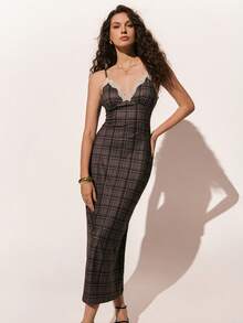 Poéselle Women's Elegant Lace Trim Plaid Sleeveless Midi Dress, Summer - Brown - View 5