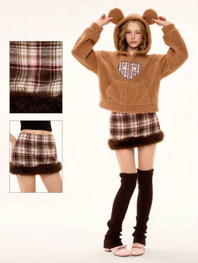 ROMWE Avant Retro süßer vintage Wollmischung karierter Mini-Rock mit niedriger Taille und Fransen