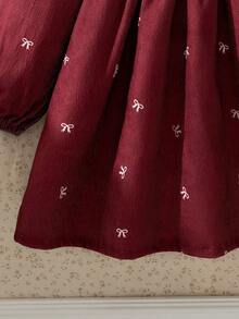 Souflis Souflis 2025秋冬新款法式复古浅粉色长袖蝴蝶结装饰连衣裙，适合外出及多种场合，女婴连衣裙