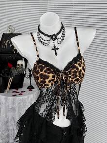 Coolane Women's All-Season Y2K Concert Rave Festival Going Out Rave Contrast Lace Leopard Black Long Cami Top, Black Top - Black - View 2