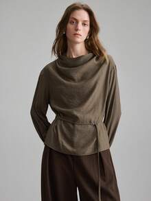 Ontre 女士深咖啡色亚麻绉纱柔软亲肤宽松立领叠层设计上衣，配可拆卸腰带和袖口纽扣装饰，优雅都市休闲商务办公服饰 - 咖啡棕 - 查看 4