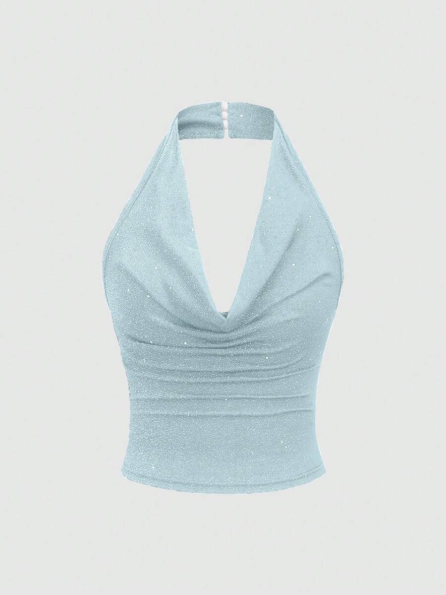 SHEIN PETITE Women's Sequin Metallic Knit Halter Neck Cropped Camisole Top, Sexy Bodycon Backless Top - Baby Blue - View 1