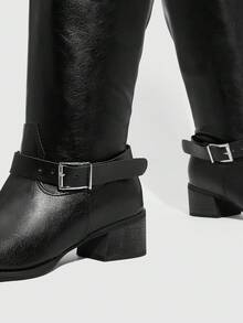 CUCCOO SZL 女士时尚百搭通勤搭扣粗跟过膝长靴 - 黑色 - 查看 5