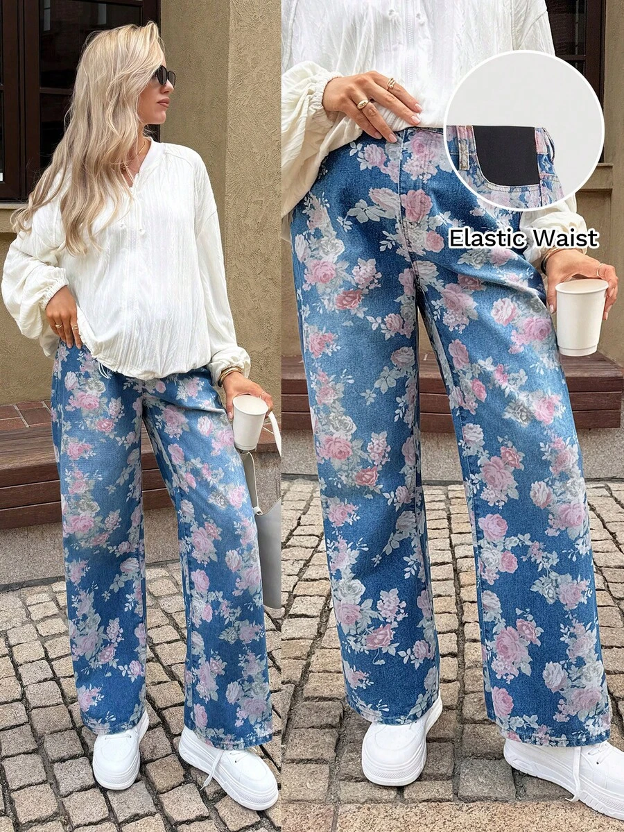 SHEIN 孕妇款印花宽松弹力腰休闲蓝色牛仔裤，春夏情人节嘉年华服装通勤度假毕业时尚Y2K可爱街头风派对婚礼优雅商务休闲女式时尚印花牛仔裤高腰宽松阔腿牛仔裤，日常穿着 - 藍色 - 查看 1