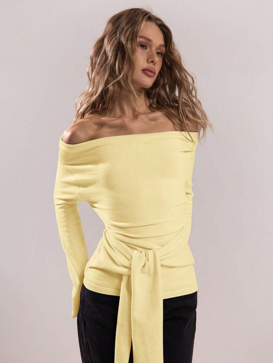 SHEIN BAE 1件女士优雅露肩纯色长袖扭结前襟毛衣 - 黃色 - 查看 1