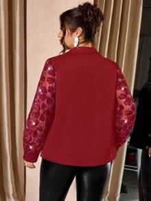 Cravure Plus Size Women Mesh Sleeve Gold Decor Button Shirt - Red - View 2
