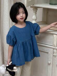 DAZY Young Girls Round Neck Casual Ruffle Hem Washed Loose Short Sleeve Denim