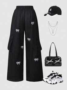 少女蝴蝶印花黑色阔腿工装裤