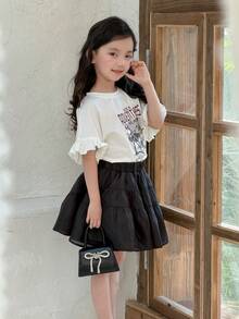 DAZY 女童圆领英文字母印花荷叶边下摆短袖T恤，夏季 - 白色 - 查看 6