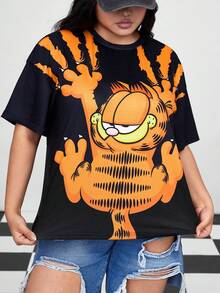 GARFIELD | SHEIN Áo thun nữ cỡ lớn in hình mèo hoạt hình, cổ tròn, tay ngắn, màu đen, kiểu dáng thường ngày, thích hợp mặc mùa hè, phong cách châu Âu, dễ thương. - màu đen - Xem 1