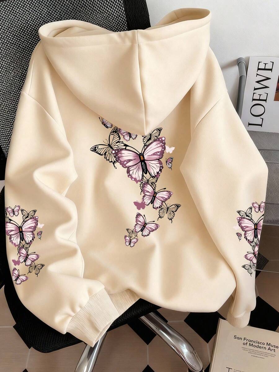 Resyla Women's Apricot Colorful Butterfly Print Fashionable Streetwear Pullover Sweatshirt Sweatshirt - Apricot - View 1