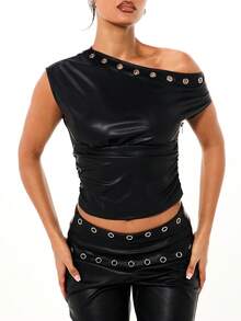 SUMWON WOMEN Off Shoulder Faux Leather Top With Metal Eyelet Detail And Ruched Asymmetric Design For Night Out Party Club Wear - Black - View 6