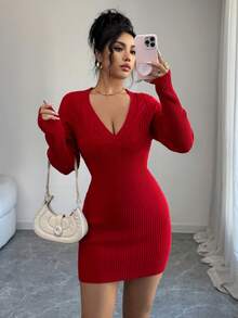 SHEIN Raffinéa Women's Solid Color V-Neck Cable Knit Elegant Waist Cinched Long Sleeve Sweater Dress, Suitable For Autumn/Winter Parties And Events Red Long Sleeve Dress Ribbed Dress Long Tight Dress Red Bodycon Dress Sexy Red Dress Women - Red - View 1
