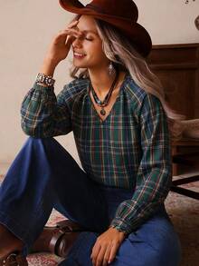 LanaWest Damen lässige, weite V-Ausschnitt Karohemd Bluse mit Langarm, Western-Stil Hemd, geeignet für den Alltag, Herbst - Grün - Übersicht 7
