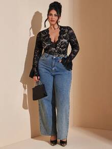 SHEIN BAE Plus Size Black Sheer Baroque Lace Bodysuit With V Neck Flare Sleeves - Black - View 3