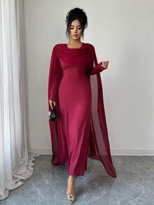 SHEIN Elenzya Standard Size Women's Elegant Gold Foil Waist Cinching Long Sleeve Dress