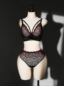 2 Stücke Große Größen Spitze Kontrast Mesh bügellos Sexy Wäsche Set - Verschiedenfarbig - Übersicht 3