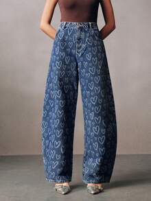 Anewsta Women's Washed Blue Laser Cut Heart Pocket Barrel Leg Jeans - Blue - View 6