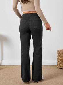 EURMUSE Mocha Brown Comfort Fabric Low Waist Straight Leg Denim Jean - Dark Grey - View 2