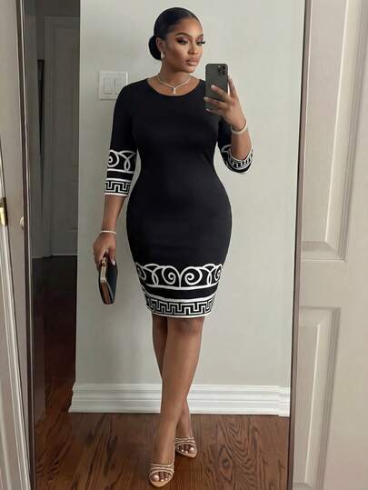 SHEIN Lady CURVE Vestidos de talla grande de manga tres cuartos, cuello redondo, de punto, elegantes y de oficina, de colores vivos, para primavera y verano