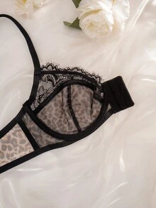 2pcs Women Leopard Print Lace Patchwork Front Closure Wireless Thin Cup Comfortable Lingerie Set - Multicolor - View 4