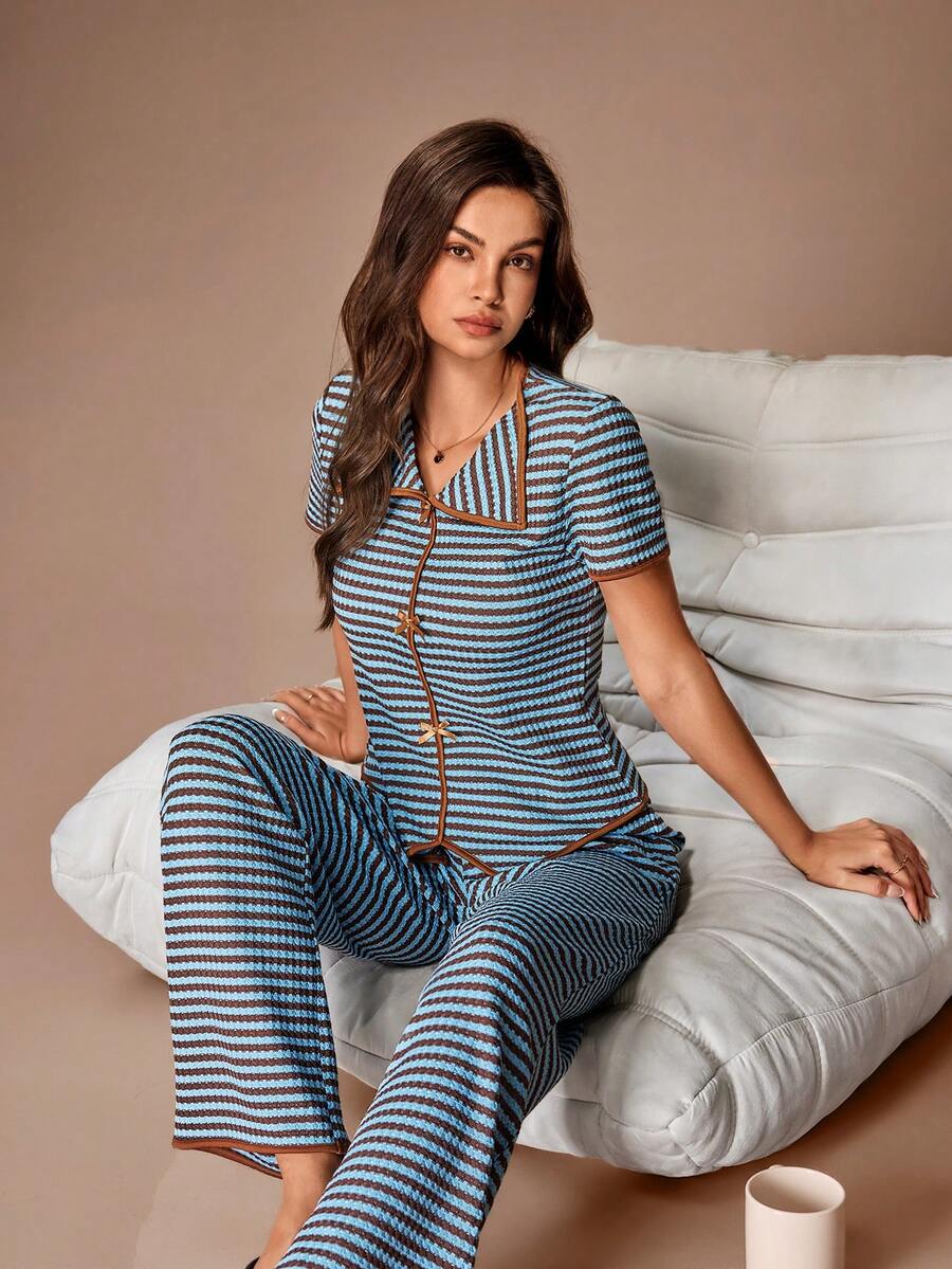 Lazeform Fashionable & Comfortable Knit Bow Decor Lounge Set, Suitable For Indoor & Outdoor Wear - Brown - View 1