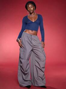 Normani Slim Fit V-Neck Dual-Color Ribbed Casual Long Sleeve T-Shirt Dark Blue Top Blue Long Sleeve Top - Dusty Blue - View 4