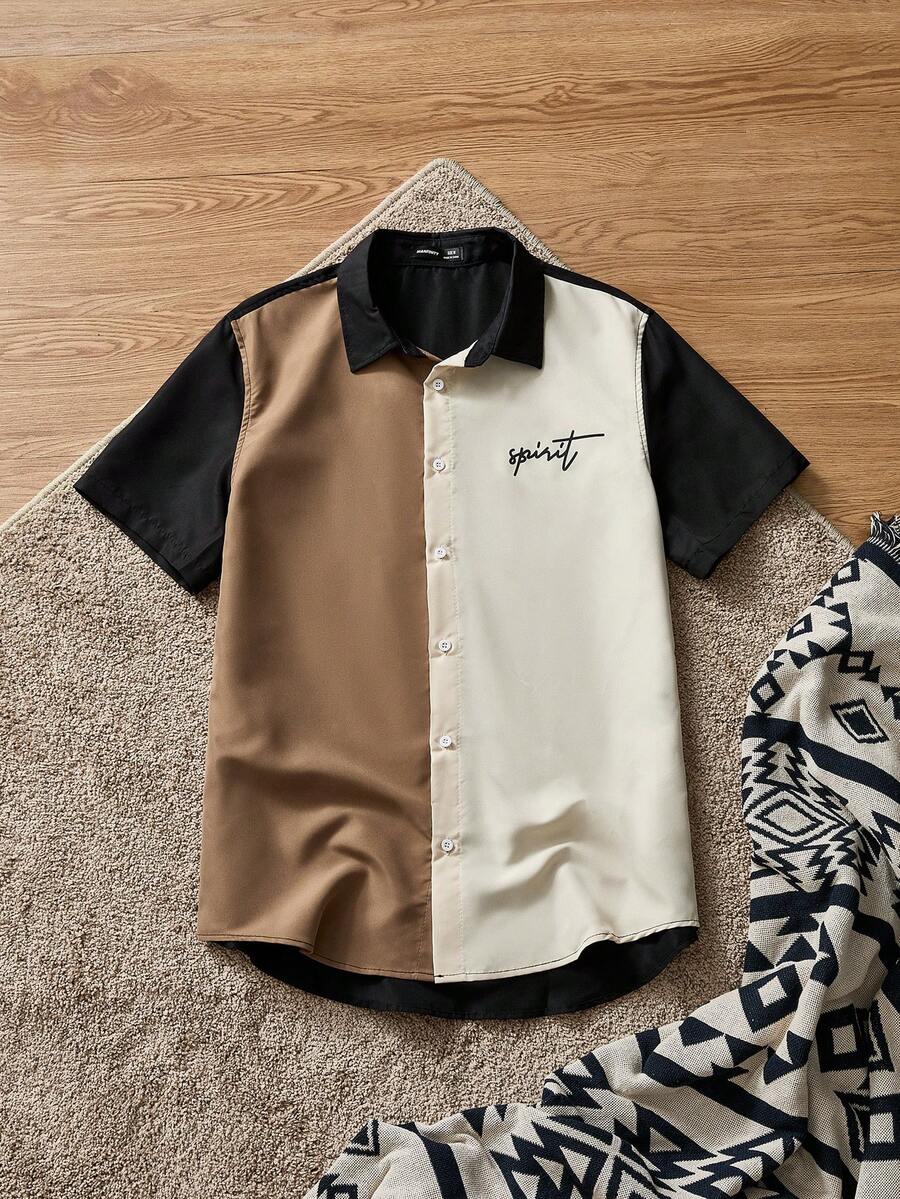SWAVVY Loose Fit Men's Colorblock Letter Print Graphic Shirt Without T-Shirt - Multicolor - View 1
