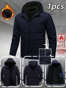 Manfinity Homme Men's Solid Color Hooded Zipper Front Pockets Fleece Casual Versatile Outdoor Long Sleeve Winter Jacket Men's Outerwear Winter Jacket For Men - Royal Blue - View 3