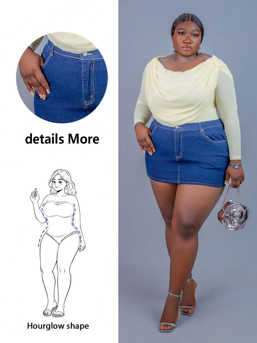 CurvyTilda 大码女式无弹力牛仔迷你裙，深蓝色水洗牛仔布，防走光衬裙 - 深色水洗藍 - 查看 1