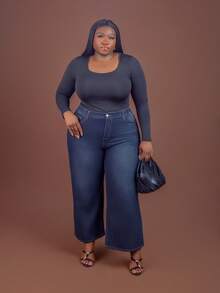 CurvyTilda Plus Size Solid Scoop Neck Bodysuit, For Hourglass Body Shape, For Body Shape, For Summer - Black - View 6