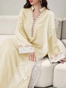 Yasmyna Embroidered Trim Contrast Color Block Mandarin Collar Long Tunic Kaftan Jalabiya Dress - Khaki - View 1