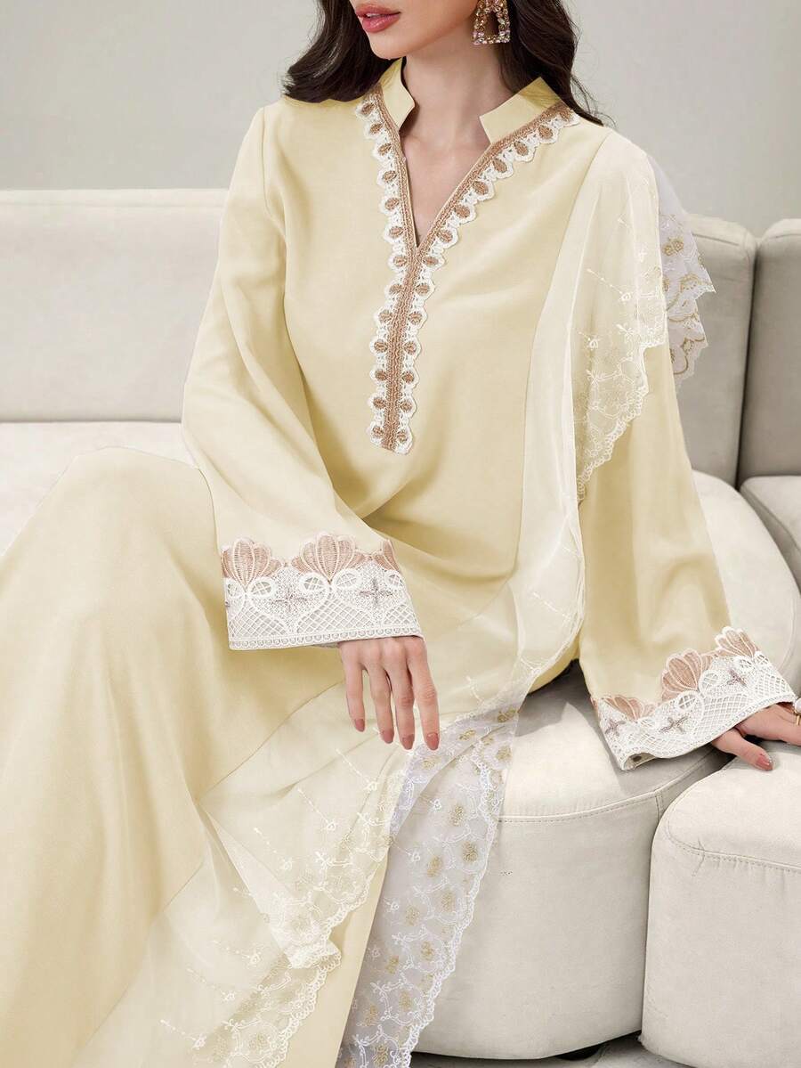 Yasmyna Embroidered Trim Contrast Color Block Mandarin Collar Long Tunic Kaftan Jalabiya Dress - Khaki - View 1