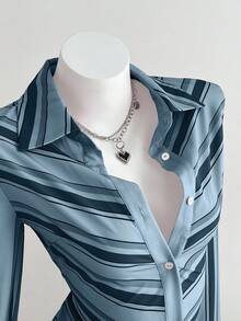 Elamini 女士衬衫，粉色，日常穿着，通勤，返校季，条纹与数码印花，法式修身剪裁，适合职场、休闲、优雅、复古风格 - 藍色 - 查看 1