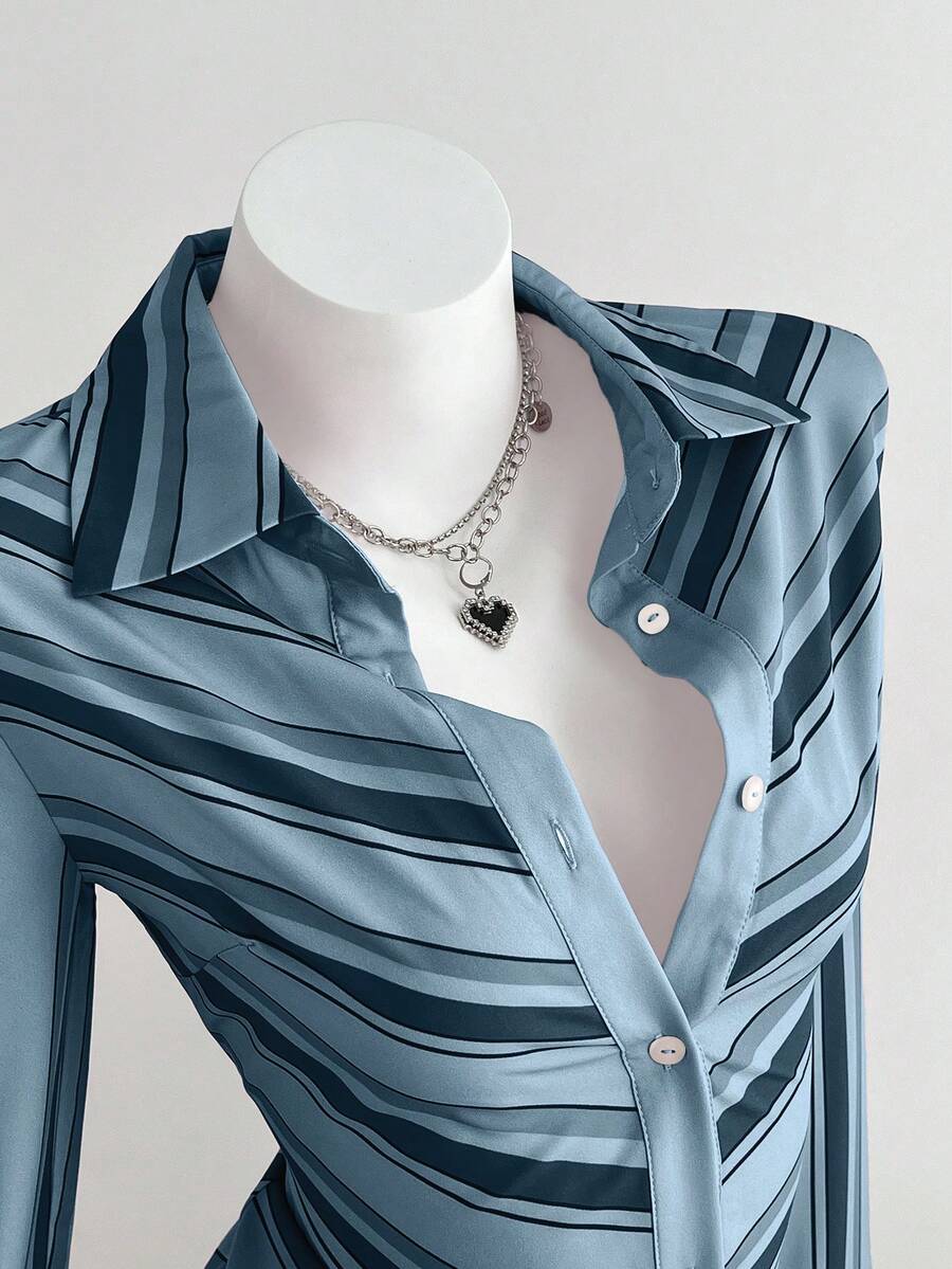 Elamini 女士衬衫，粉色，日常穿着，通勤，返校季，条纹与数码印花，法式修身剪裁，适合职场、休闲、优雅、复古风格 - 藍色 - 查看 1