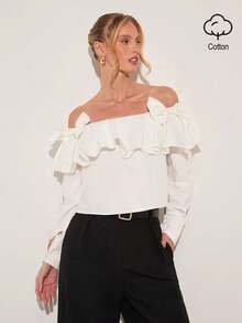 COSMINA Women's Elegant Off-Shoulder Bow Ruffle Trim Blouse, Romantic Date Shirt, Wedding Guest, Long Sleeve Shirt, White Blouse, Suitable For Commuting - White - View 3