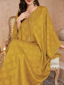 Al Najma Vestido feminino tradicional árabe com estampa floral, decote em V, manga morcego, modelagem solta, ideal para férias e viagens. - Amarelo - Ver 5