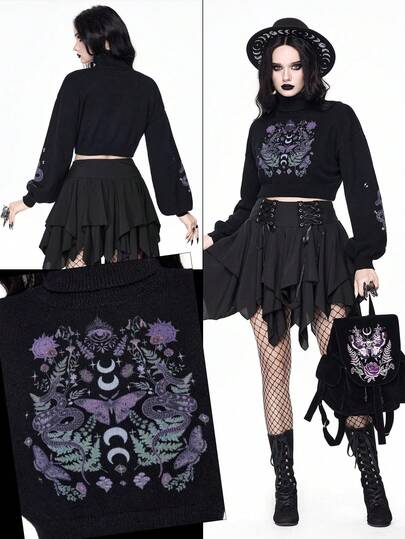 Goth Dark High Neck Cropped Sweater For Women, Vintage Mysterious Snake Skin & Butterfly Jacquard Puff Sleeve Knit Top, Autumn/Winter