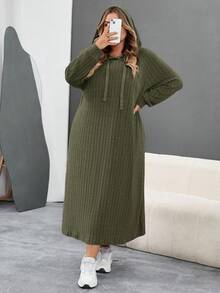 SHEIN CURVE+ 大码女式罗纹长袖连帽宽松连衣裙 - 軍綠色 - 查看 7