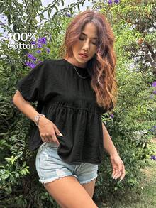 SHEIN EZwear Women's Solid Color Simple Daily Ruffle Hem Top - Black - View 7